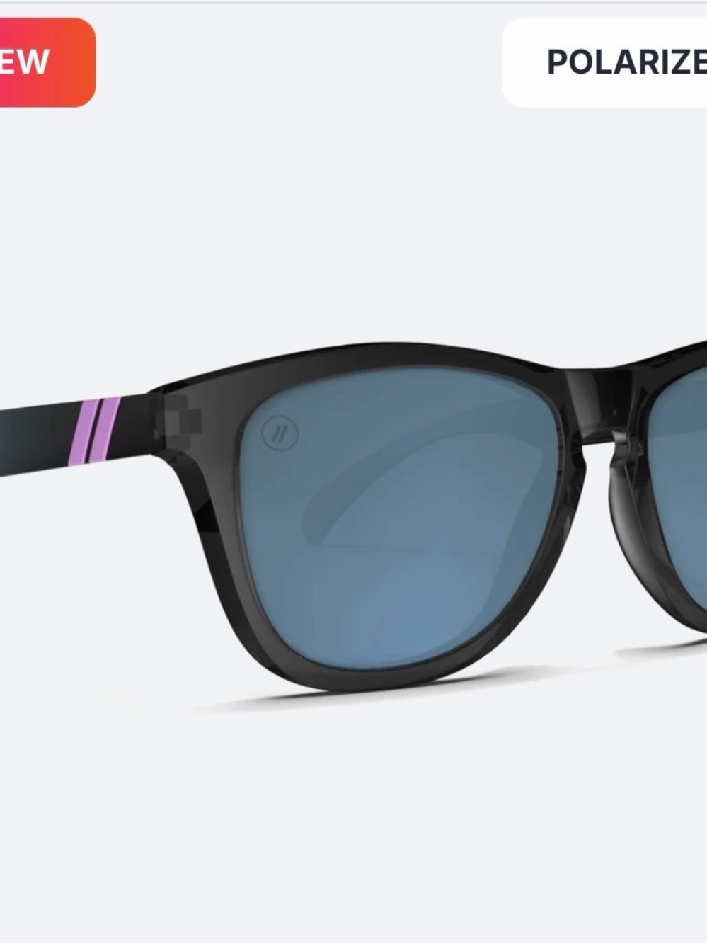 Black Frame Sunglasses with Blue Lenses and Lavender Temple Stripes